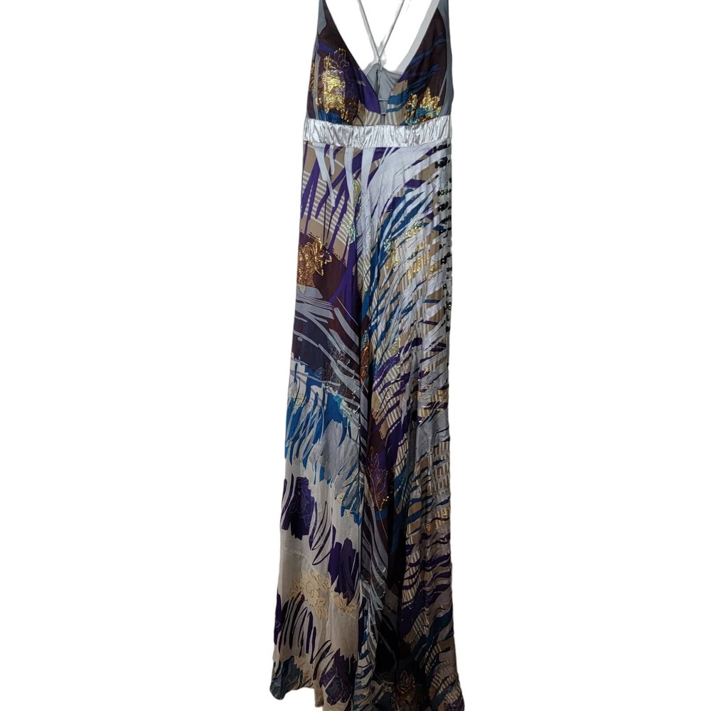 Nicole Miller Dress Silk 8 Watercolor Silver Foil Multicolor Maxi Sheer Chiffon